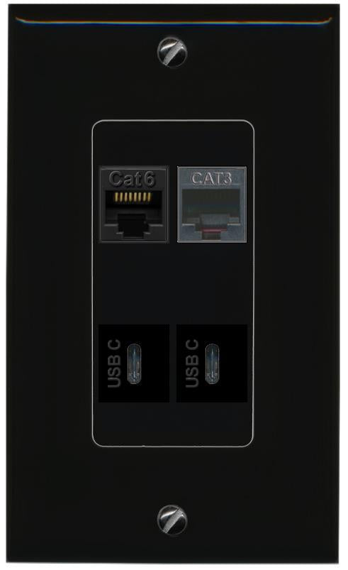 RiteAV CAT6 PHONE 2 USBC Wall Plate Decorative [Black]