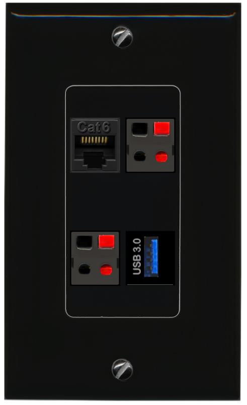RiteAV CAT6 2 SPEAKER USB-3 Wall Plate Decorative [Black]