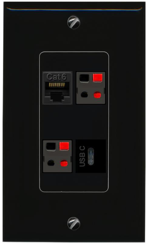 RiteAV CAT6 2 SPEAKER USBC Wall Plate Decorative [Black]