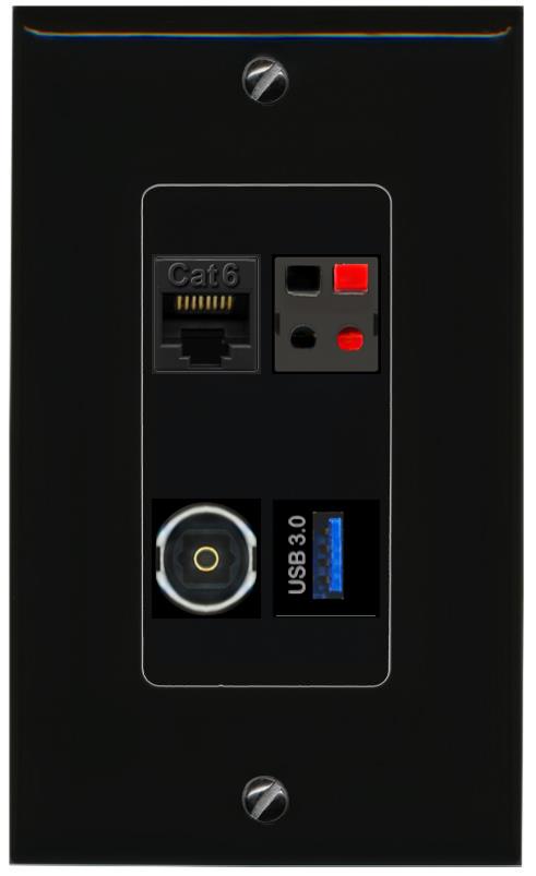 RiteAV CAT6 SPEAKER TOSLINK USB-3 Wall Plate Decorative [Black]