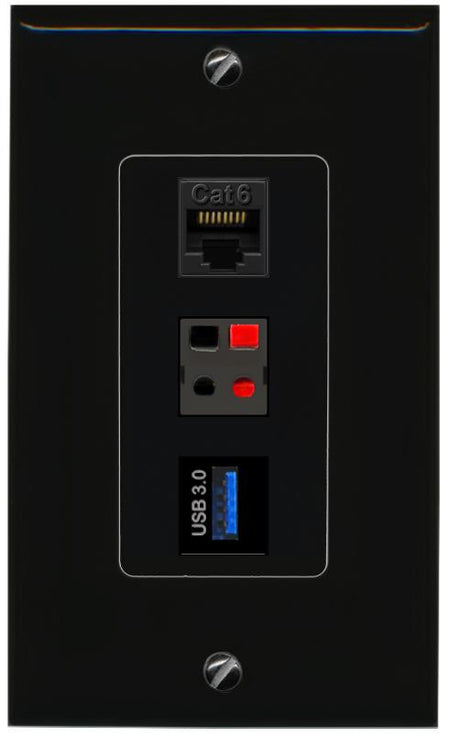 CAT6 SPEAKER USB-3 Wall Plate [Black]