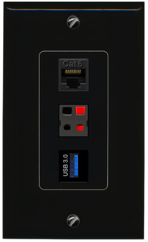 CAT6 SPEAKER USB-3 Wall Plate [Black]