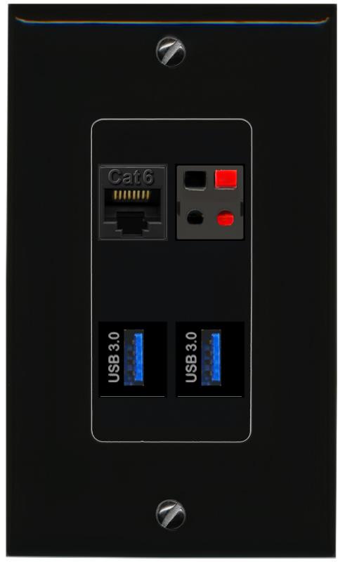 RiteAV CAT6 SPEAKER 2 USB-3 Wall Plate Decorative [Black]