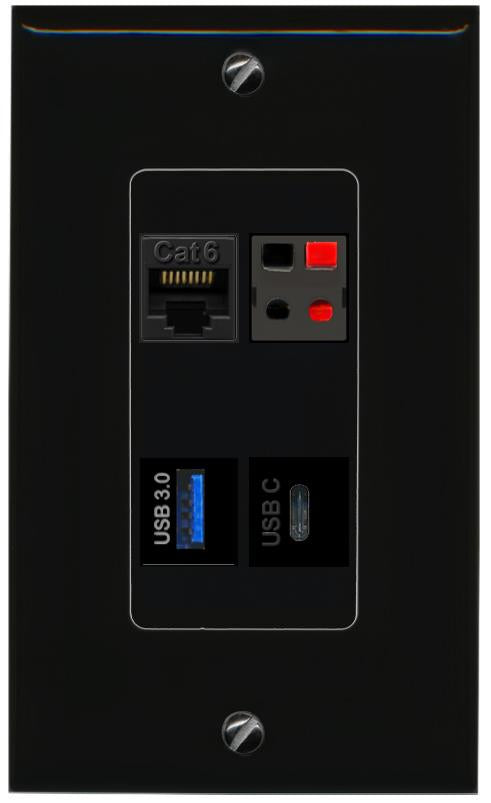 RiteAV CAT6 SPEAKER USB-3 USBC Wall Plate Decorative [Black]