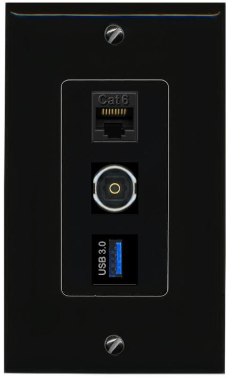 CAT6 TOSLINK USB-3 Wall Plate [Black]