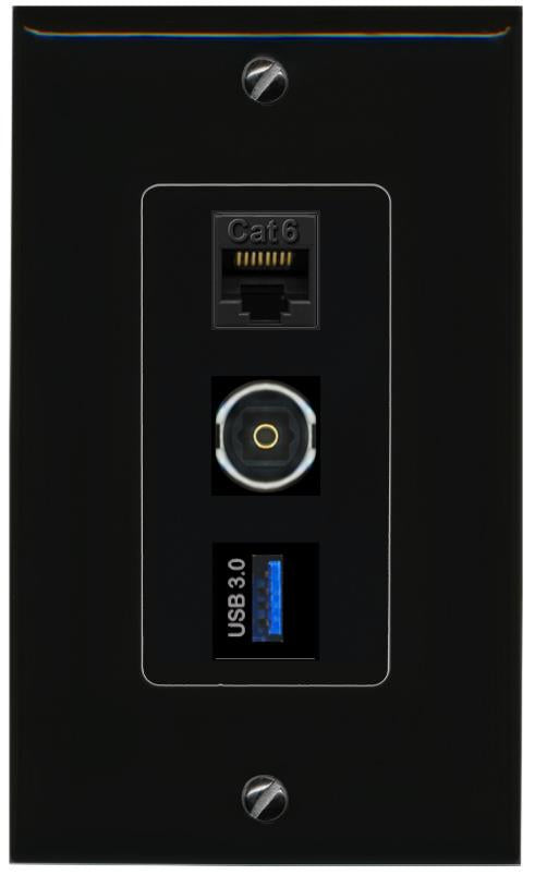 CAT6 TOSLINK USB-3 Wall Plate [Black]