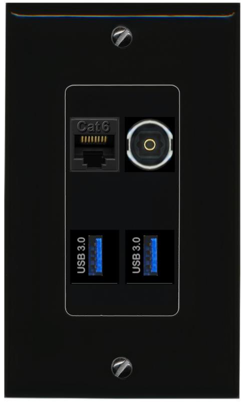 RiteAV CAT6 TOSLINK 2 USB-3 Wall Plate Decorative [Black]