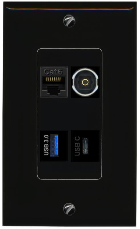 RiteAV CAT6 TOSLINK USB-3 USBC Wall Plate Decorative [Black]