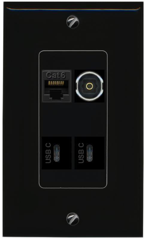 RiteAV CAT6 TOSLINK 2 USBC Wall Plate Decorative [Black]