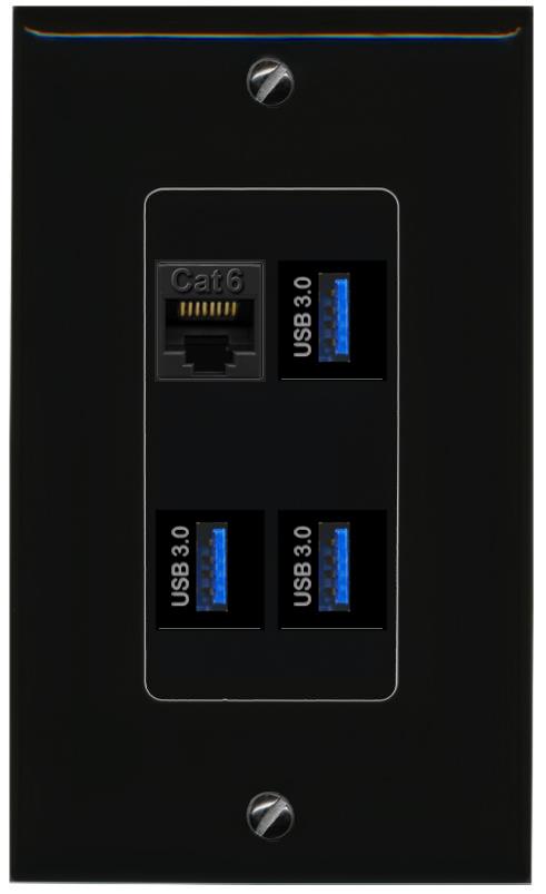 RiteAV CAT6 3 USB-3 Wall Plate Decorative [Black]