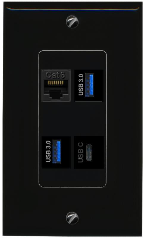 RiteAV CAT6 2 USB-3 USBC Wall Plate Decorative [Black]