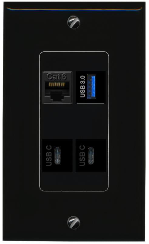 RiteAV CAT6 USB-3 2 USBC Wall Plate Decorative [Black]