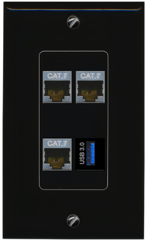 RiteAV 3 CAT7 USB-3 Wall Plate Decorative [Black]
