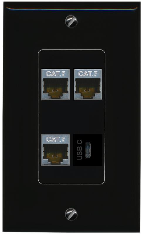 RiteAV 3 CAT7 USBC Wall Plate Decorative [Black]