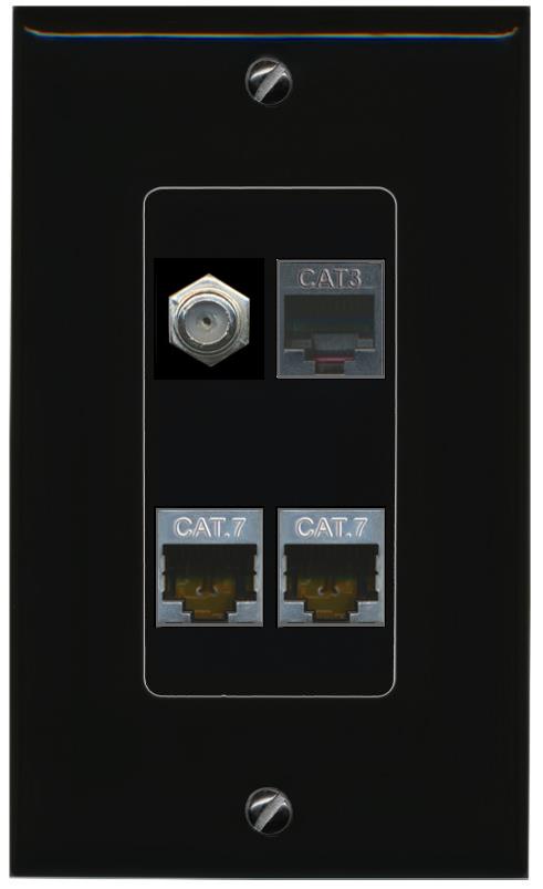 RiteAV 2 CAT7 COAX PHONE Wall Plate Decorative [Black]