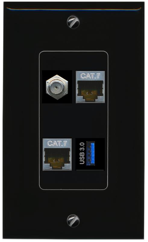 RiteAV 2 CAT7 COAX USB-3 Wall Plate Decorative [Black]