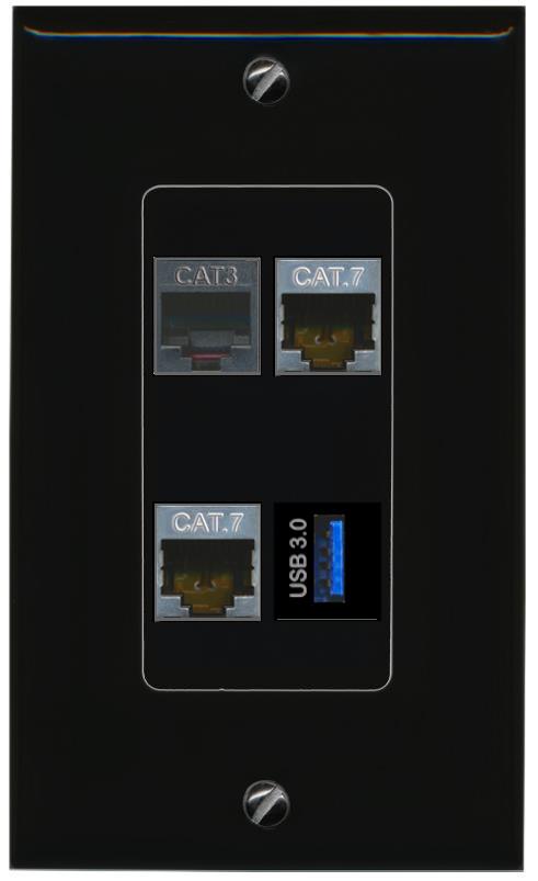 RiteAV 2 CAT7 PHONE USB-3 Wall Plate Decorative [Black]