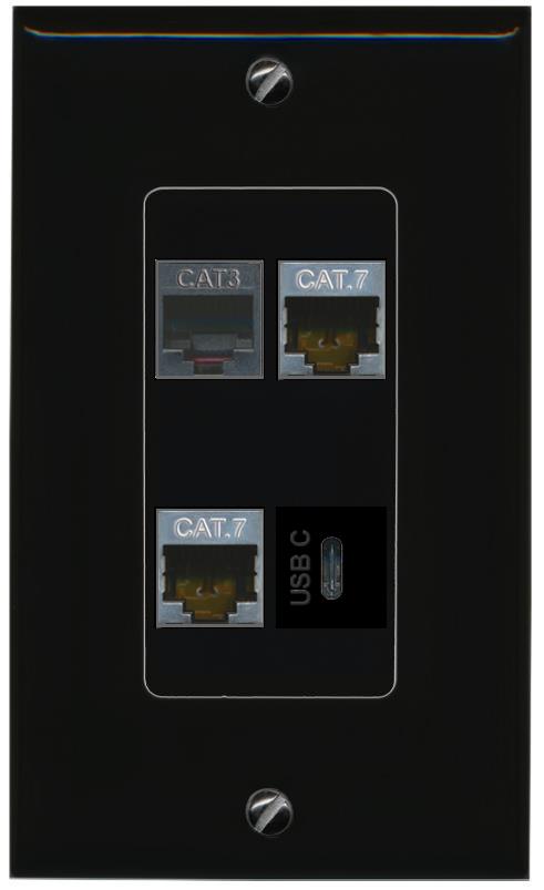 RiteAV 2 CAT7 PHONE USBC Wall Plate Decorative [Black]