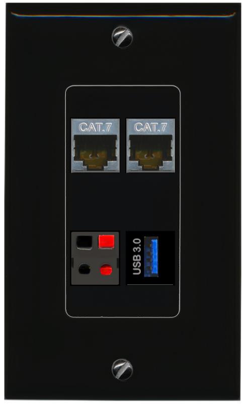 RiteAV 2 CAT7 SPEAKER USB-3 Wall Plate Decorative [Black]