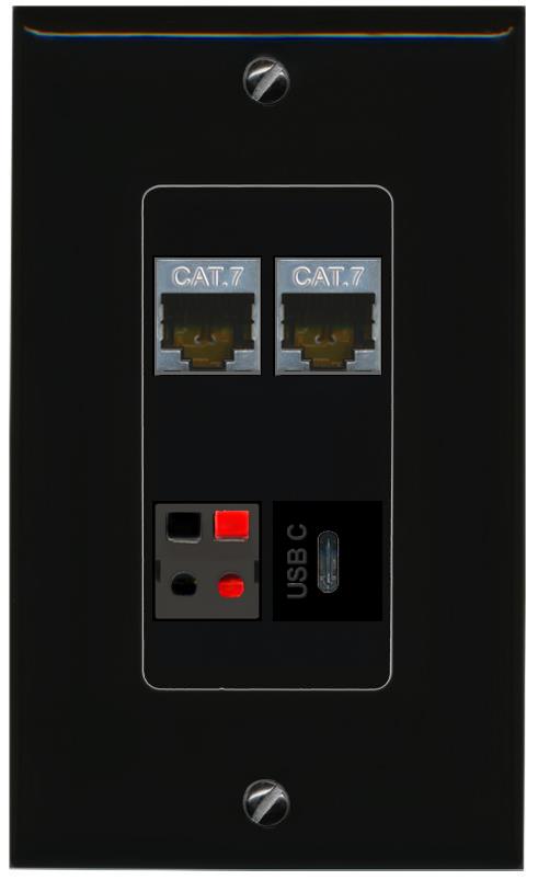 RiteAV 2 CAT7 SPEAKER USBC Wall Plate Decorative [Black]