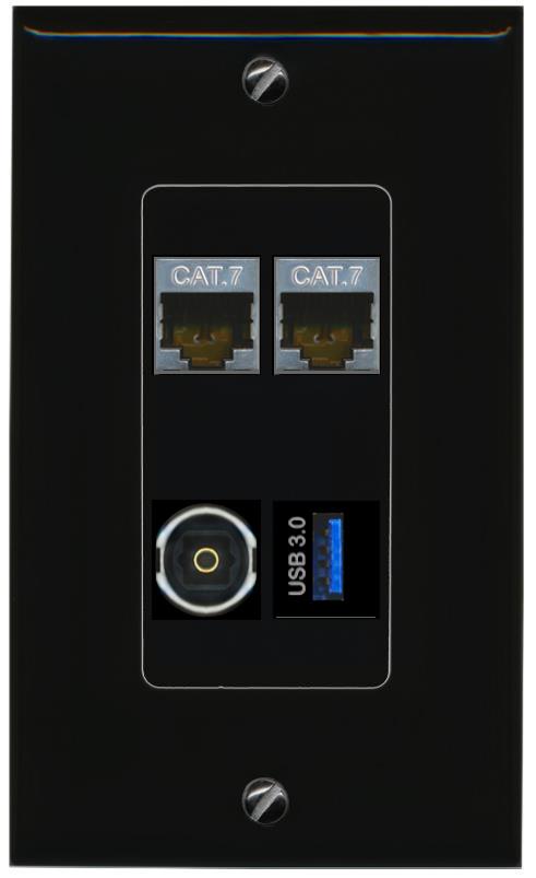 RiteAV 2 CAT7 TOSLINK USB-3 Wall Plate Decorative [Black]