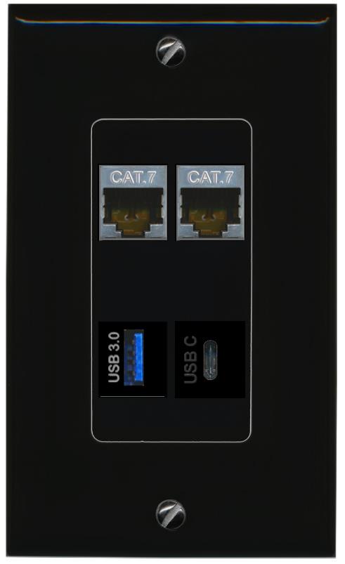 RiteAV 2 CAT7 USB-3 USBC Wall Plate Decorative [Black]