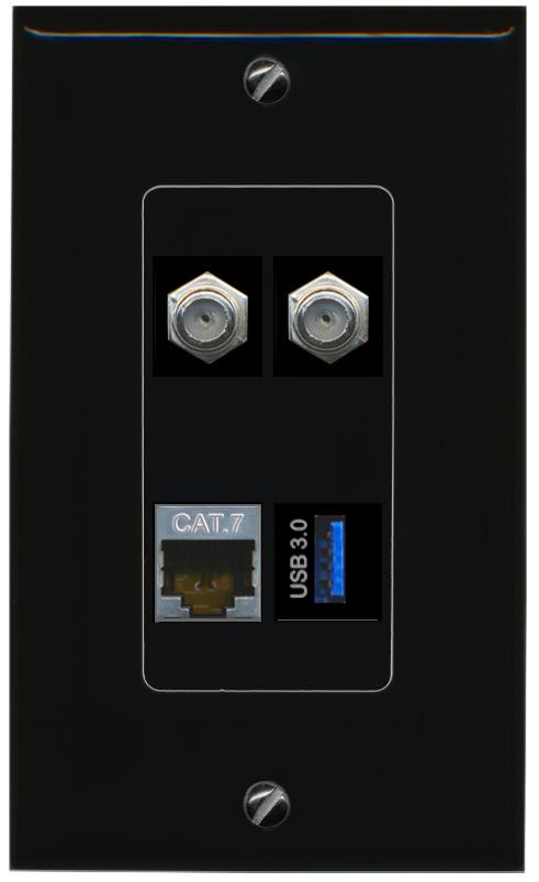 RiteAV CAT7 2 COAX USB-3 Wall Plate Decorative [Black]
