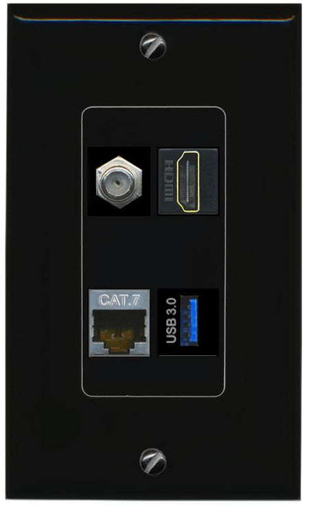 RiteAV CAT7 COAX HDMI USB-3 Wall Plate Decorative [Black]
