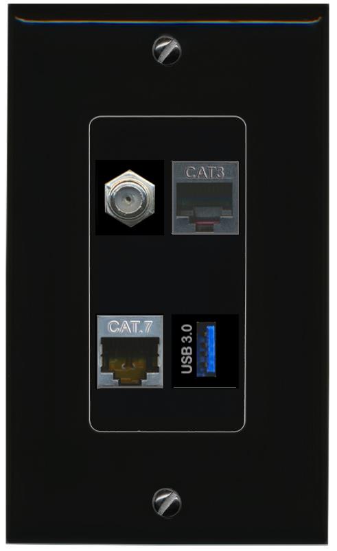 RiteAV CAT7 COAX PHONE USB-3 Wall Plate Decorative [Black]