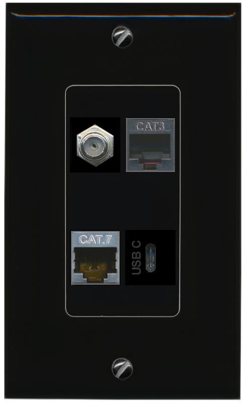 RiteAV CAT7 COAX PHONE USBC Wall Plate Decorative [Black]