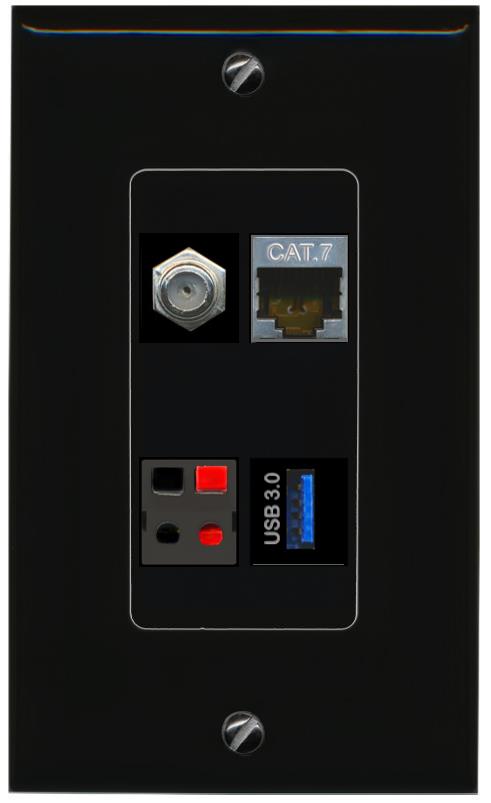 RiteAV CAT7 COAX SPEAKER USB-3 Wall Plate Decorative [Black]