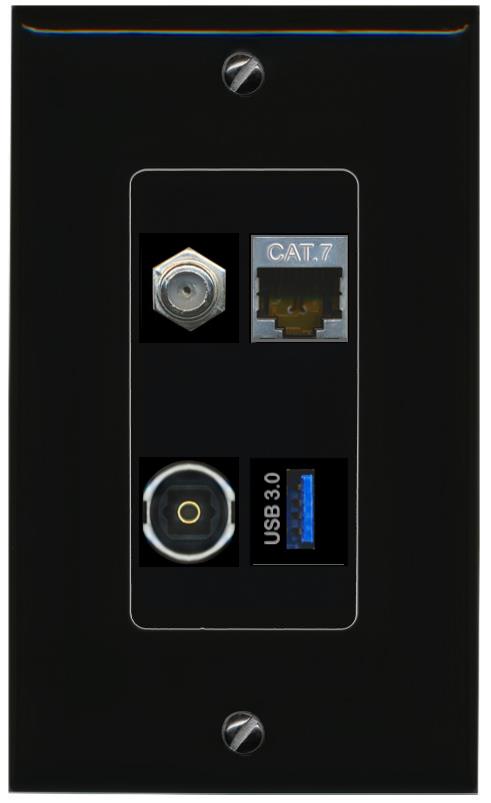 RiteAV CAT7 COAX TOSLINK USB-3 Wall Plate Decorative [Black]