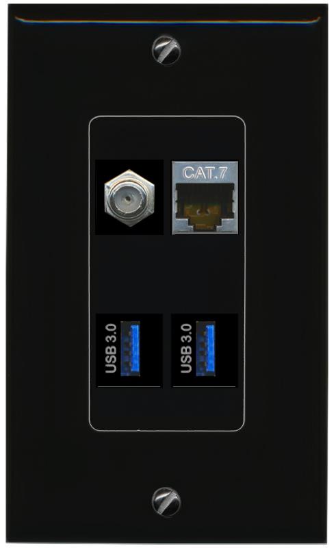 RiteAV CAT7 COAX 2 USB-3 Wall Plate Decorative [Black]