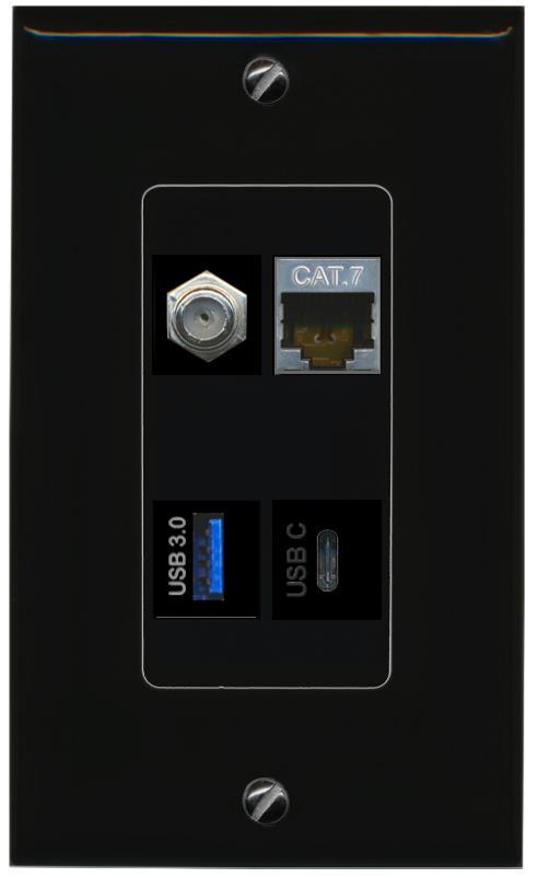 RiteAV CAT7 COAX USB-3 USBC Wall Plate Decorative [Black]