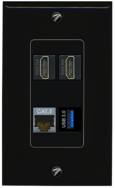 RiteAV CAT7 2 HDMI USB-3 Wall Plate Decorative [Black]