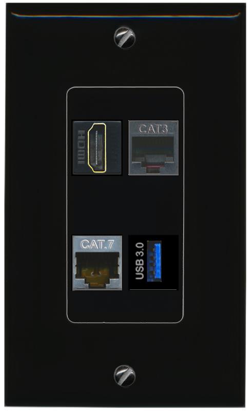 RiteAV CAT7 HDMI PHONE USB-3 Wall Plate Decorative [Black]