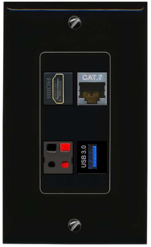 RiteAV CAT7 HDMI SPEAKER USB-3 Wall Plate Decorative [Black]