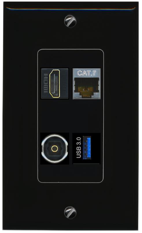 RiteAV CAT7 HDMI TOSLINK USB-3 Wall Plate Decorative [Black]