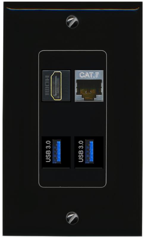 RiteAV CAT7 HDMI 2 USB-3 Wall Plate Decorative [Black]
