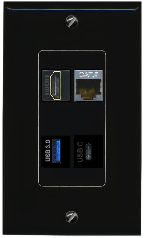 RiteAV CAT7 HDMI USB-3 USBC Wall Plate Decorative [Black]