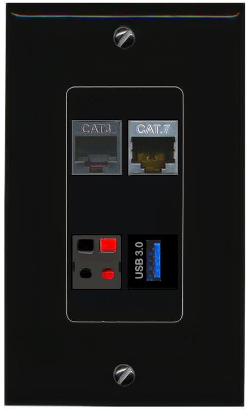 RiteAV CAT7 PHONE SPEAKER USB-3 Wall Plate Decorative [Black]