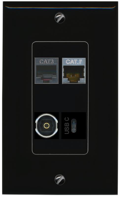 RiteAV CAT7 PHONE TOSLINK USBC Wall Plate Decorative [Black]