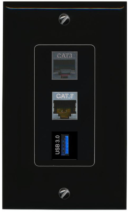 CAT7 PHONE USB-3 Wall Plate [Black]