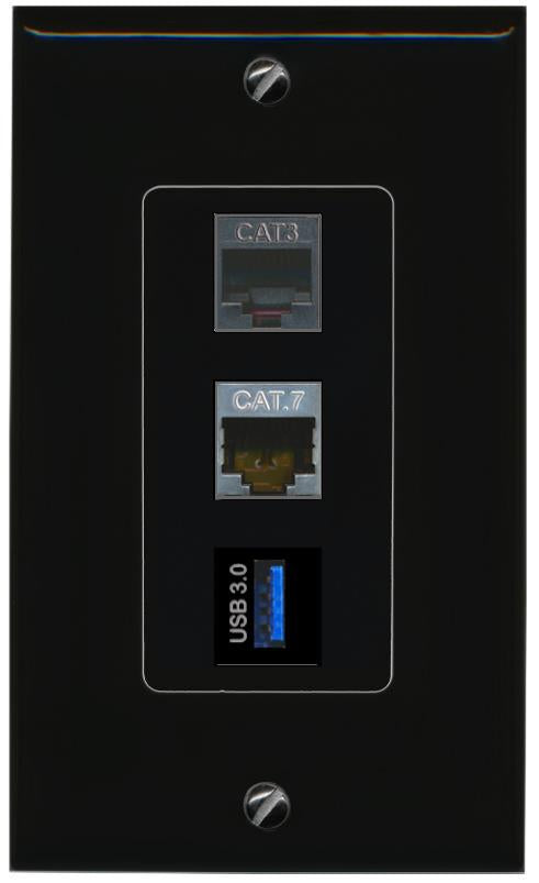 CAT7 PHONE USB-3 Wall Plate [Black]