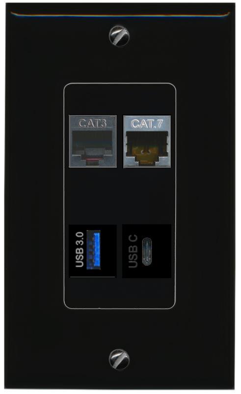 RiteAV CAT7 PHONE USB-3 USBC Wall Plate Decorative [Black]