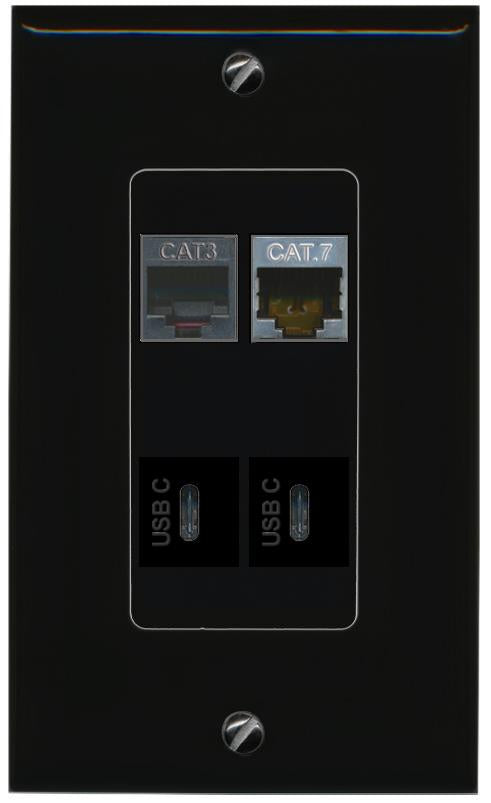 RiteAV CAT7 PHONE 2 USBC Wall Plate Decorative [Black]