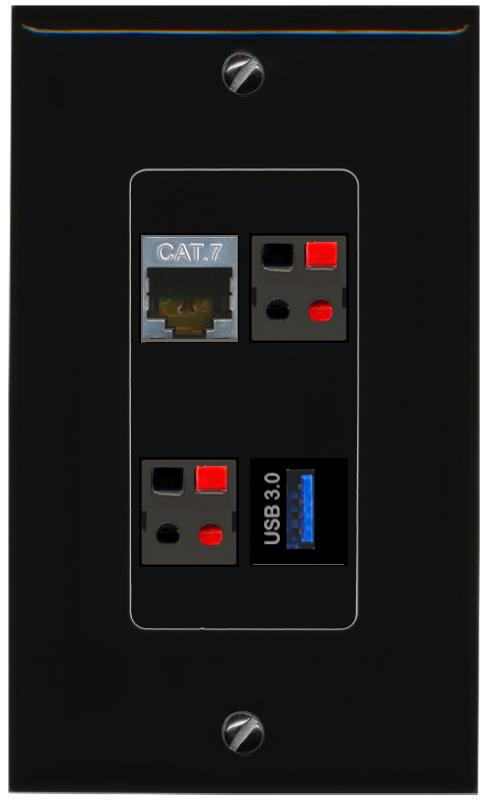 RiteAV CAT7 2 SPEAKER USB-3 Wall Plate Decorative [Black]