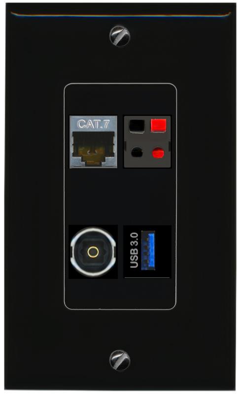 RiteAV CAT7 SPEAKER TOSLINK USB-3 Wall Plate Decorative [Black]