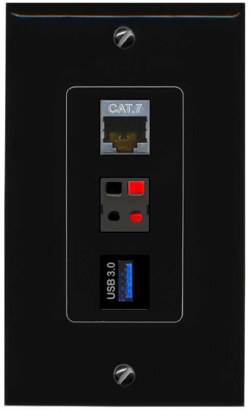 CAT7 SPEAKER USB-3 Wall Plate [Black]