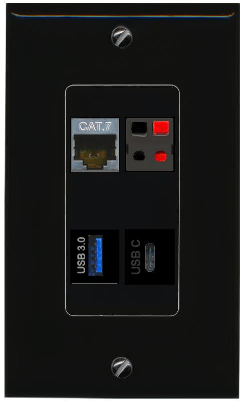 RiteAV CAT7 SPEAKER USB-3 USBC Wall Plate Decorative [Black]